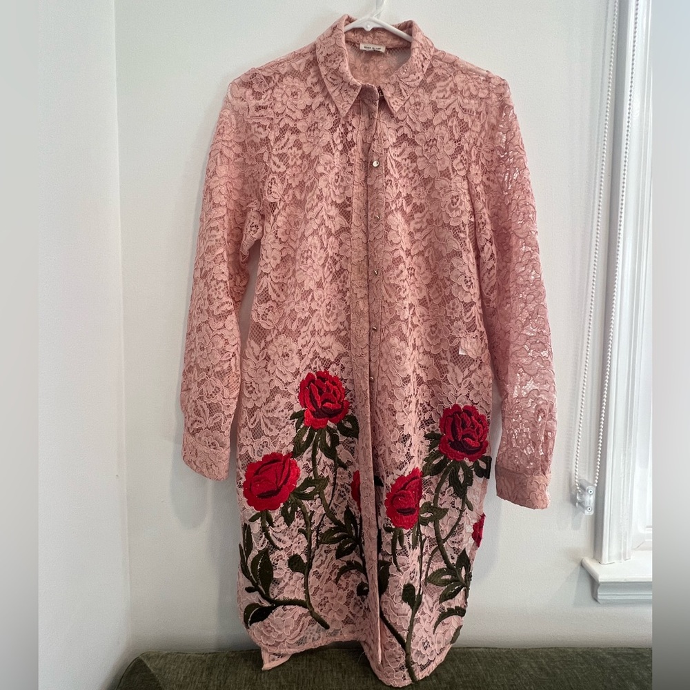 River Island Pink Lace Blouse with Red Rose Embroidery